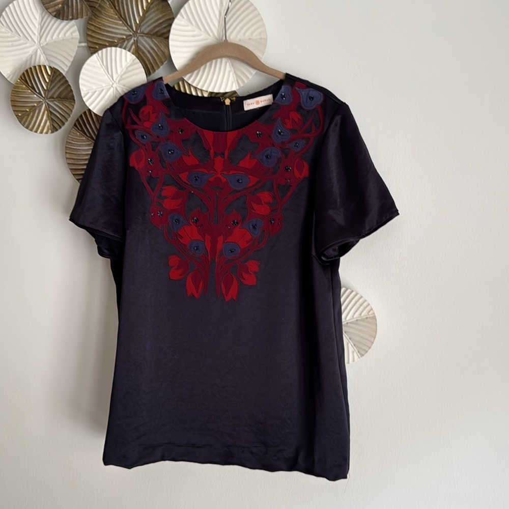 Tory Burch Elegant Black and Red Embroidered Women's Top  size l